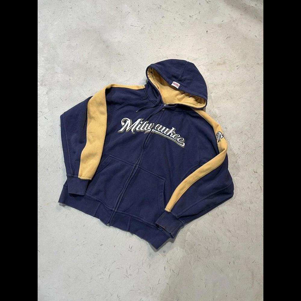 Milwaukee Brewers Embroidered Zip Up Hoodie Navy and Gold Mens Size M Mlb